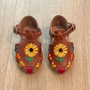 Girls Brown Sunflower Embroidered Leather Sandals
